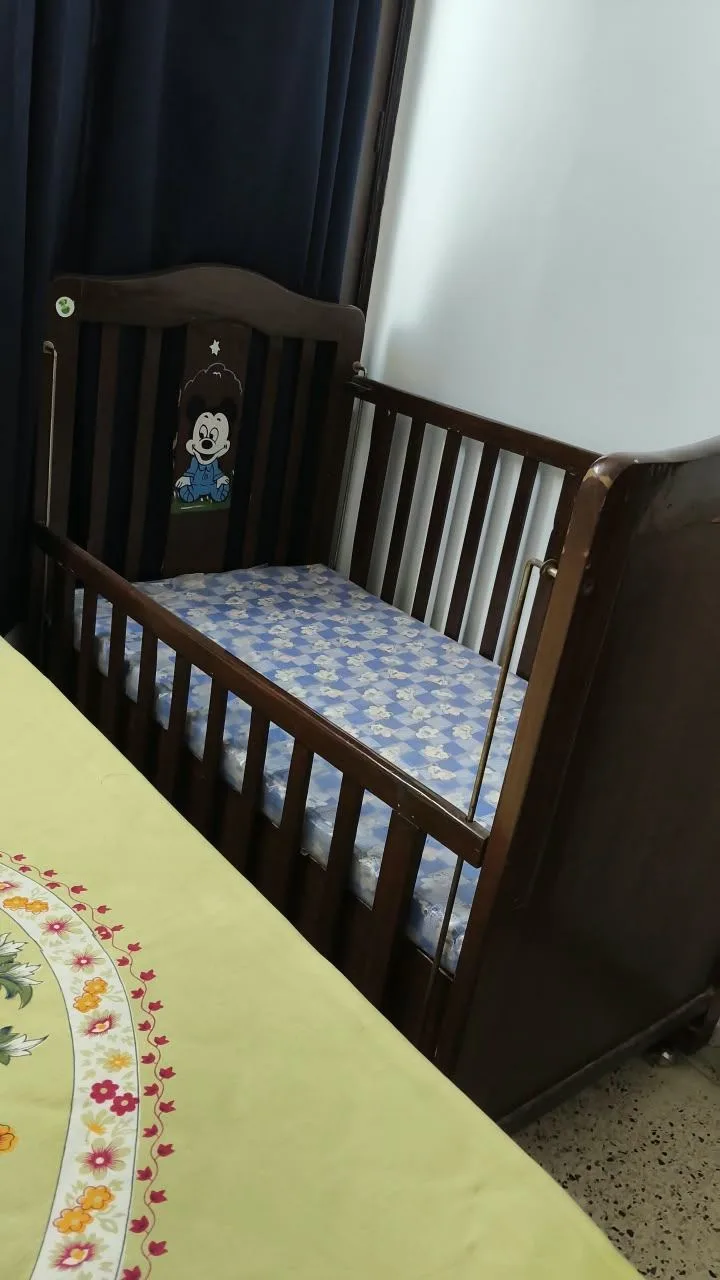 Toddler cot. One side retractable. goes up and down. has wheels and cartoons painted on it. — photo 3