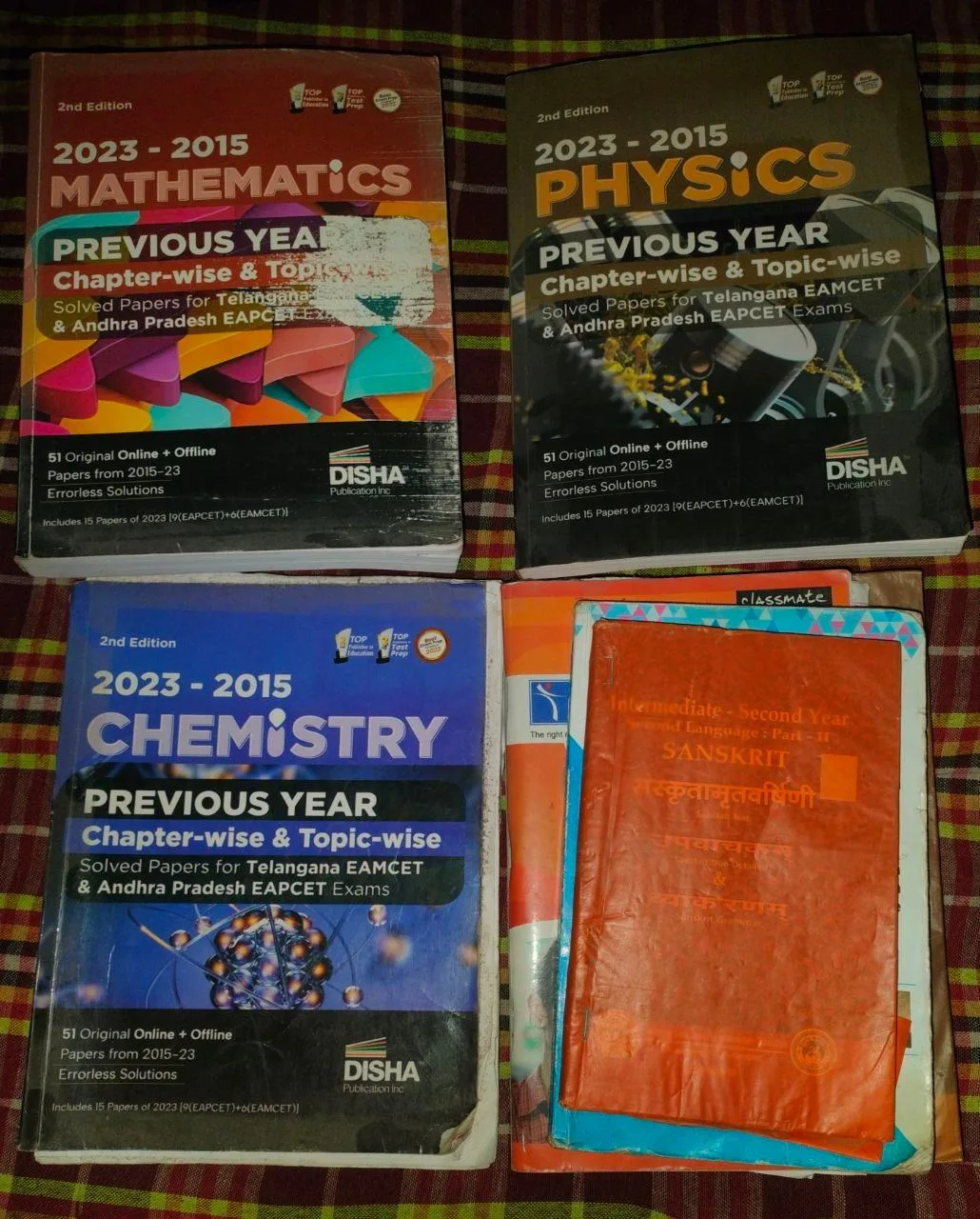 TG EAPCET Past Year Questions book updated up to the year 2023 with the solutions and Handbook, along with IPE textbooks Maths, English and Sanskrit. — Hyderabad